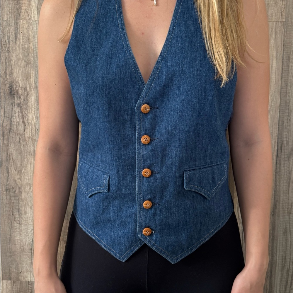 Vintage Denim Vest with Wooden Buttons